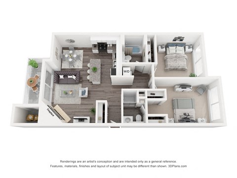 Floor plan for 2 beds, 2 baths, 1020 sqft